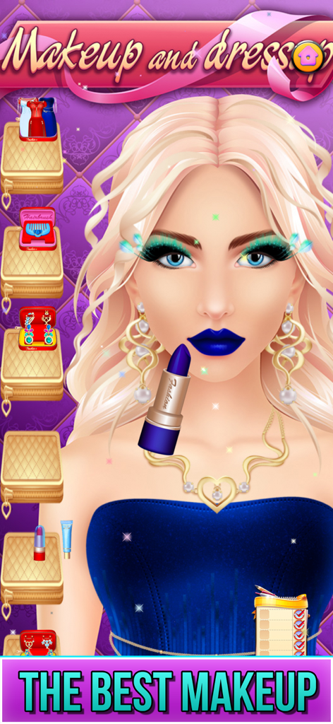 A blonde character model in a virtual makeup salon receiving blue lipstick and bold eye makeup