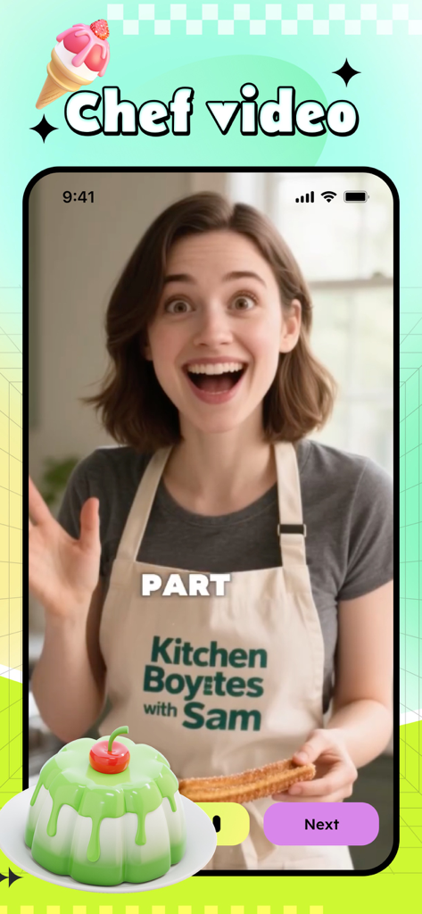 Antii - Adult，GirlFriend Chat - A mobile app interface displaying a video of a smiling female chef and a green pudding graphic.