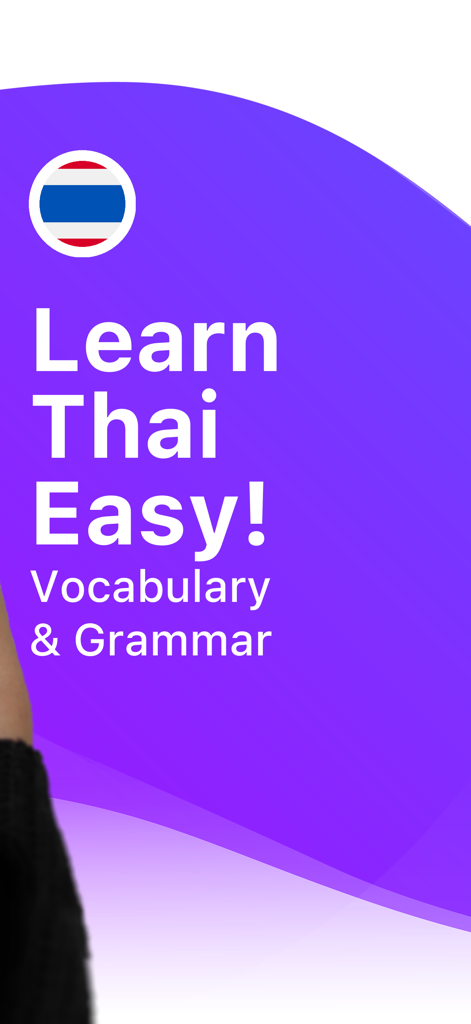 Learn Thai Easy Startbildschirm mit der thailändischen Flagge und Text mit Hinweisen auf Vokabeln und Grammatik