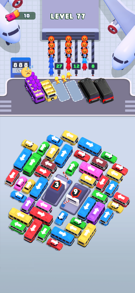 Bus Escape: Traffic Jam - Um nível de puzzle de classificação de cores no jogo móvel Bus Escape Traffic Jam.