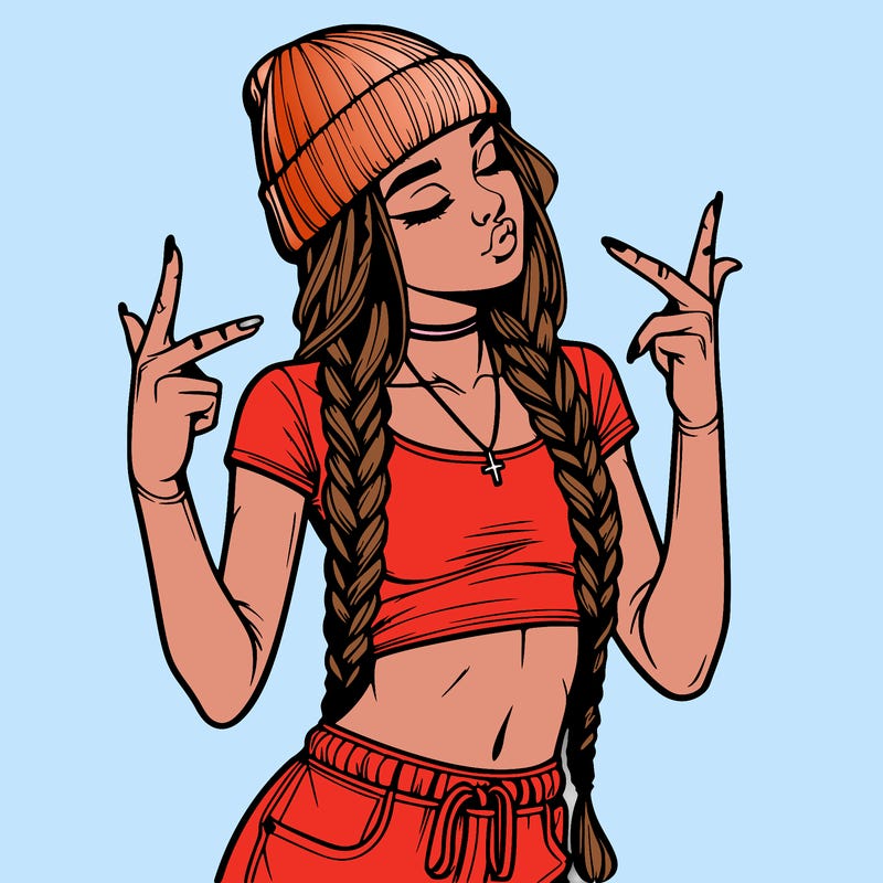 realistic teenage girl with braids and a beanie and crop top doing 🫶🏼