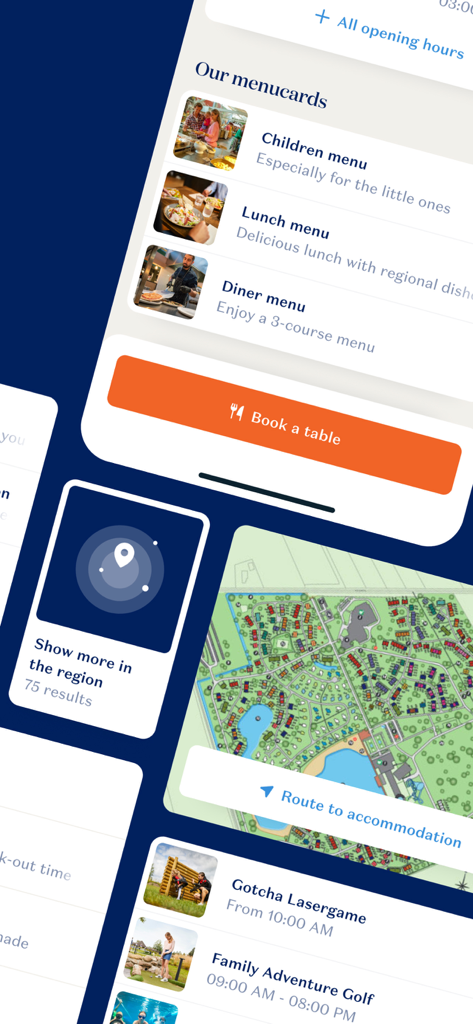 Pantallas de la app Hof van Saksen que muestran menús de restaurantes, mapa del resort y actividades familiares