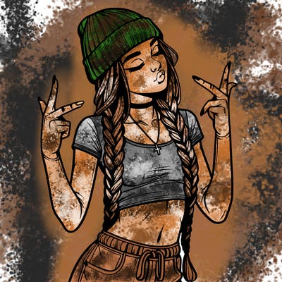 realistic teenage girl with braids and a beanie and crop top doing 🫶🏼