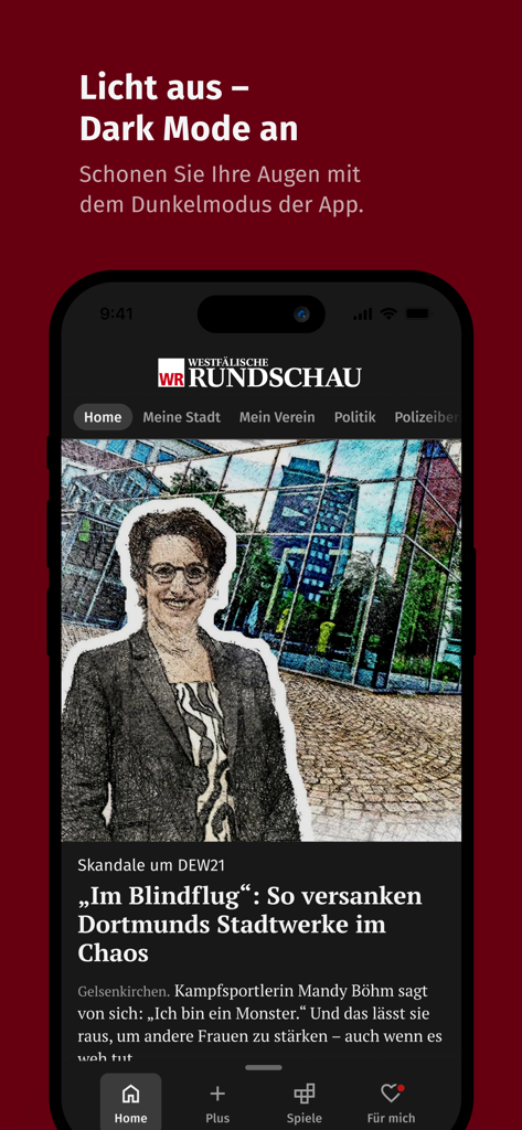 WR News Mobile App, die einen lokalen Nachrichtenartikel im Dunkelmodus anzeigt
