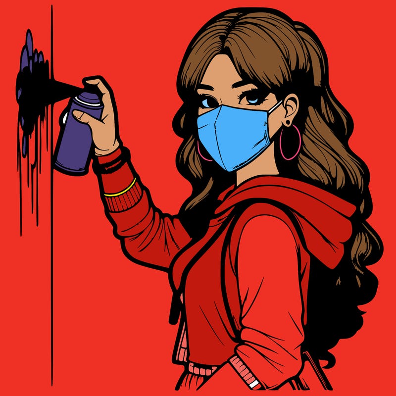 realistic girl with mask spray painting a wall