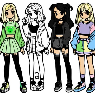 one girl with crop-top shirt and a jacket with a skirt, long socks and another girl with a shirt and pants with a jacket