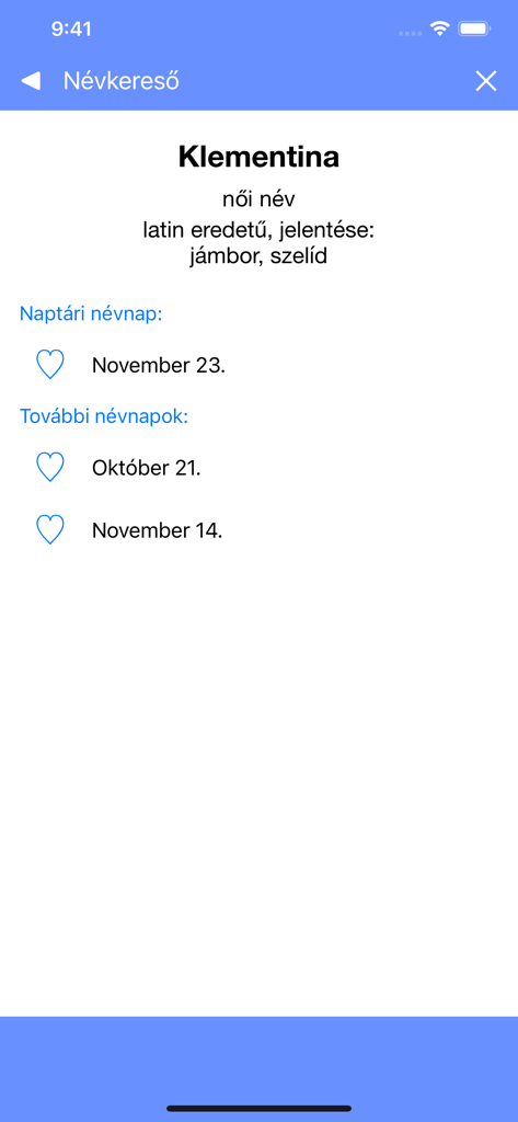 Névnaptár - Névnaptár app screen showing name meaning and celebration dates for Klementina.