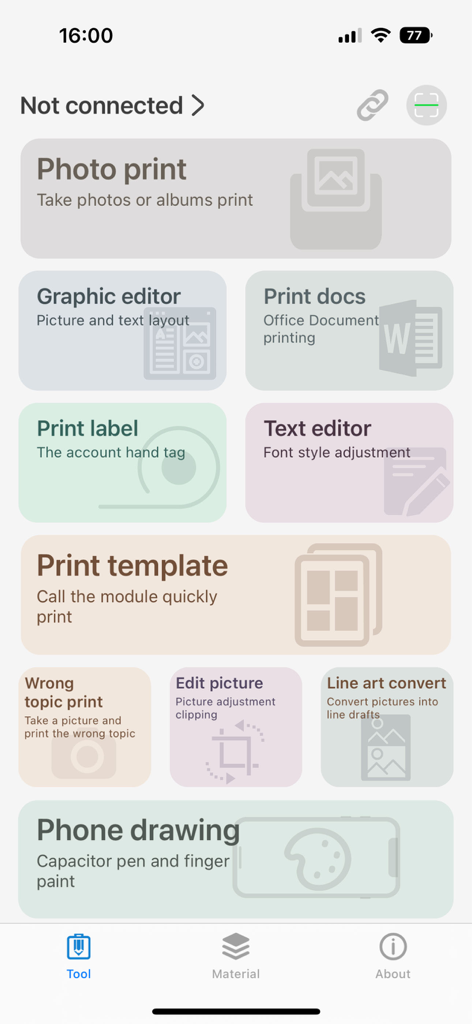 iLabel mobile app dashboard showing features like photo print label printing and graphic editing tools