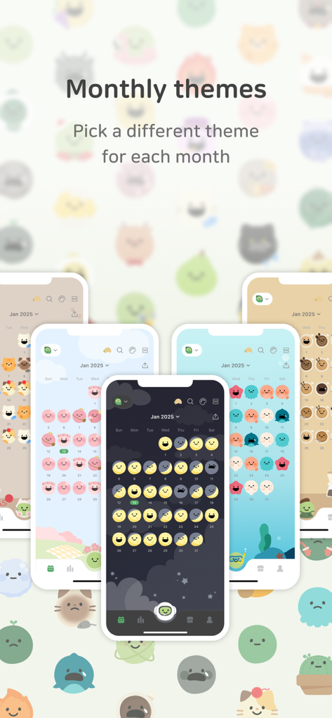 DailyBean - simplest journal - Display of various cute and minimalist monthly theme options for the DailyBean mood tracker app on multiple phone screens