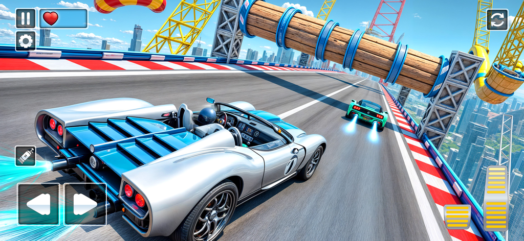 Um jogo de corrida de carros de manobra 3D com um carro esportivo prateado em uma pista elevada acima do horizonte da cidade com impulsos de nitro e obstáculos.