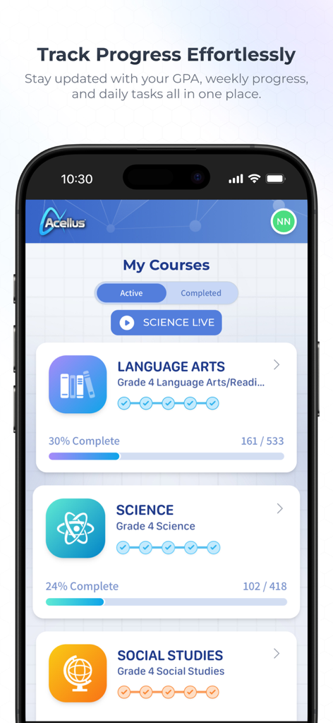 Acellus mobile app dashboard displaying student progress and completion percentages for several Grade 4 courses