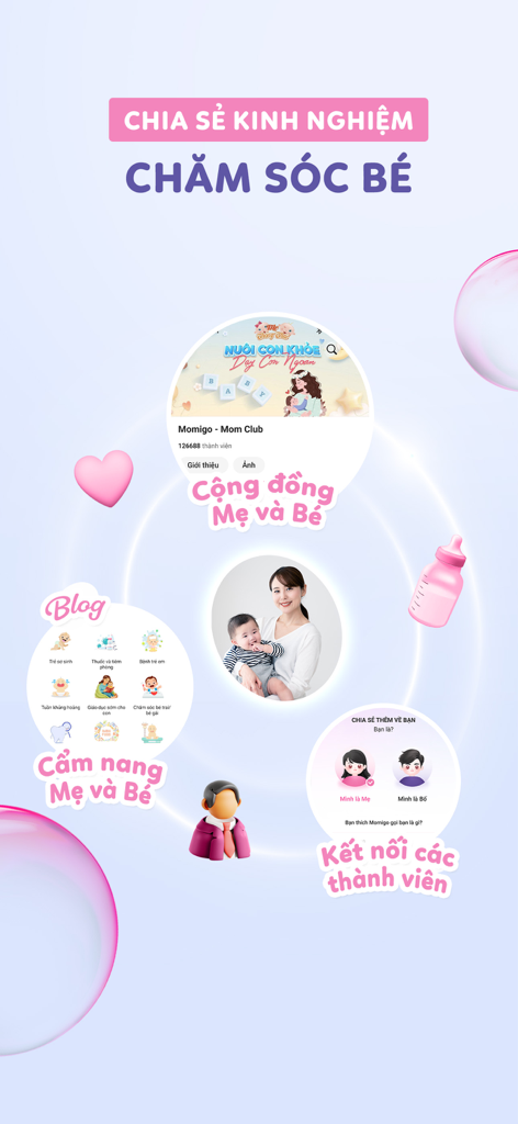 Momigo - Trợ Lý AI Của Mẹ & Bé - Pantalla de la aplicación Momigo que muestra su comunidad de madres y bebés, blog educativo y funciones de interacción entre miembros.