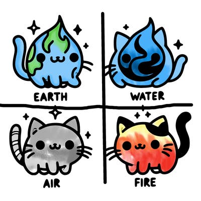 4 cats that represent the different elements, earth, water, air, and fire