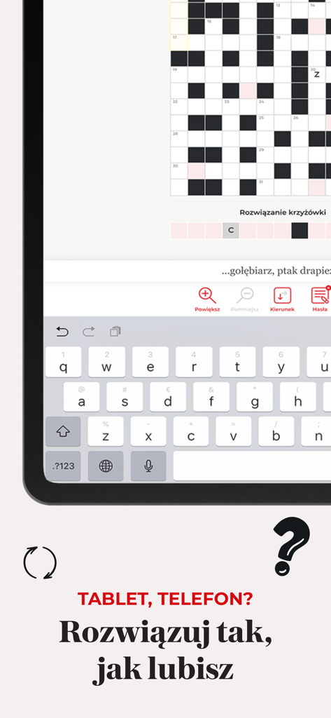 Krzyżówki Wyborczej - Interfaz de crucigrama polaco que se muestra en la pantalla de una tableta con un teclado en pantalla