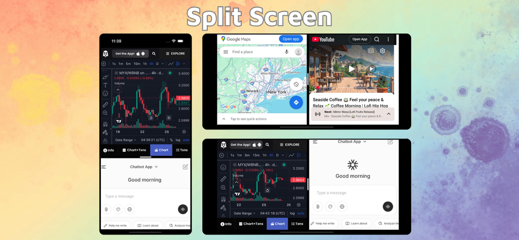 Split Screen & Dual Browser - Split screen interface showing dual browser windows for multitasking on iPhone and iPad.
