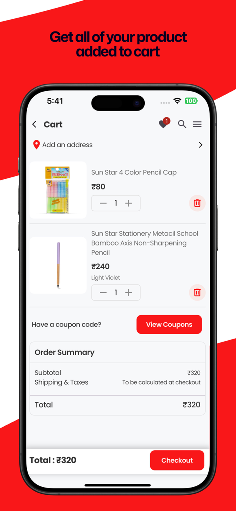 SCOOBOO - Ein Screenshot der SCOOBOO-App-Warenkorbseite, die Schreibwarenprodukte und den Gesamtpreis zeigt