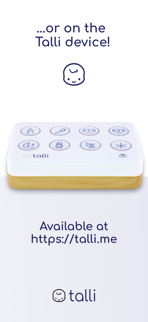Talli one-touch physical hardware device for logging baby feeding, sleep, and diapers.