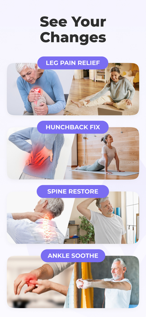 Una guía visual que muestra ejercicios de yoga en silla para personas mayores para ayudar con el alivio del dolor de piernas, corrección de postura y restauración de la columna vertebral