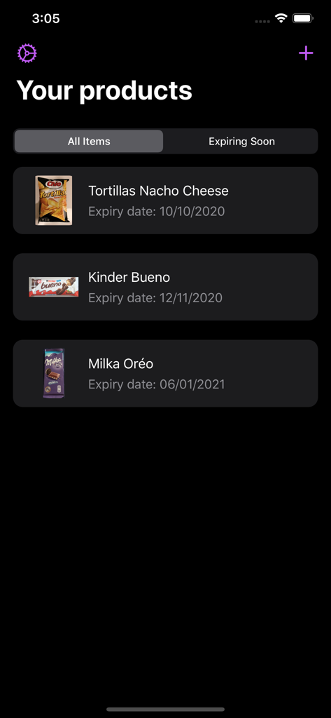 Best Before - Food Tracker - Best Beforeアプリのインターフェースに、賞味期限付きの追跡された食品アイテムのリストが表示されている