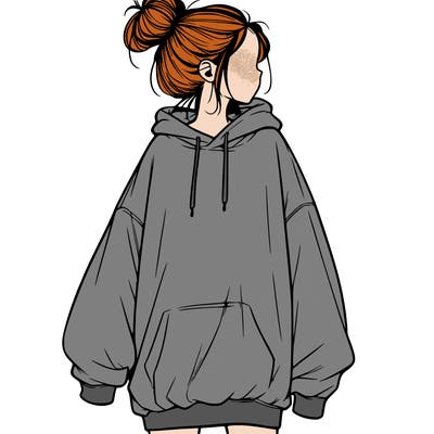 realistic girl with a oversized sweatshirt on and a bun