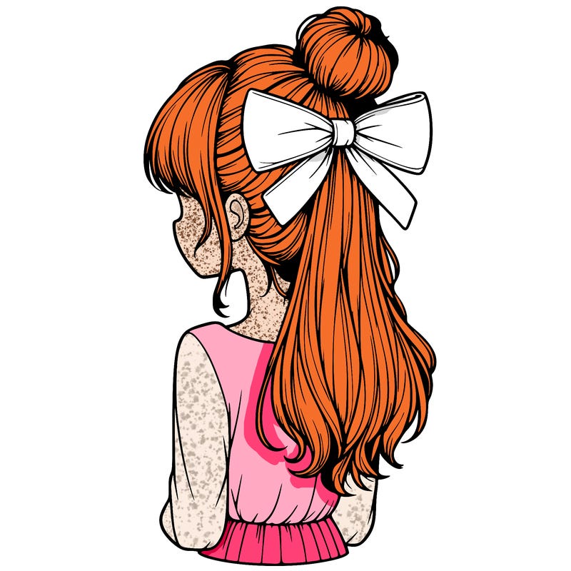 realistic girl  with hip length hair a bun and a big bow on the back of head