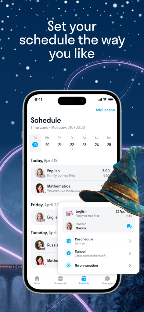 Skyeng-App-Oberfläche zur Planung und Terminverschiebung von Englischstunden.