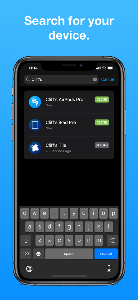 Uma tela de smartphone exibindo os resultados da pesquisa de dispositivos Bluetooth como airpods ipad e tile no aplicativo find my bluetooth device