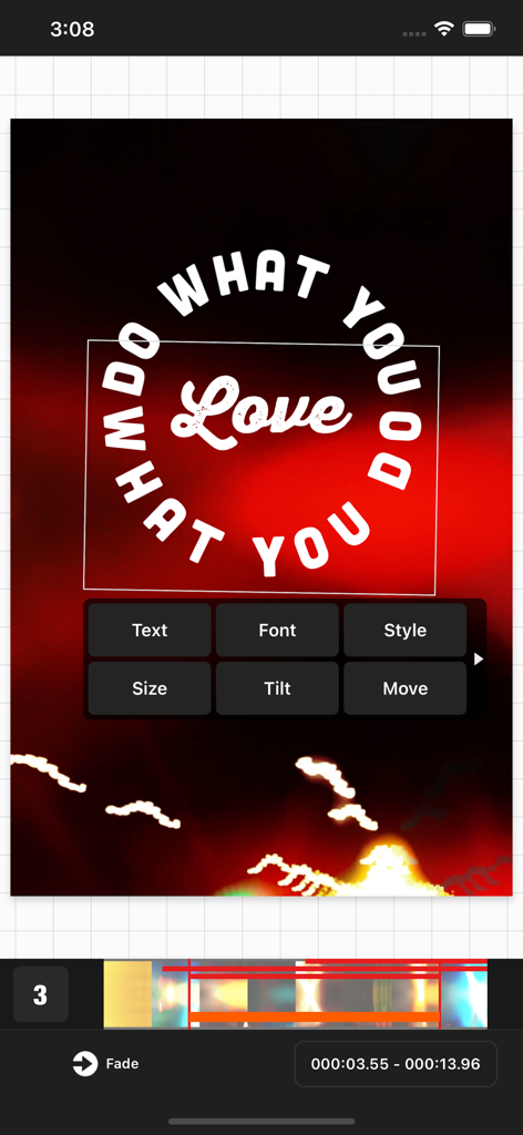 Vont app editing screen showing circular text overlays and font customization tools over a red video background.