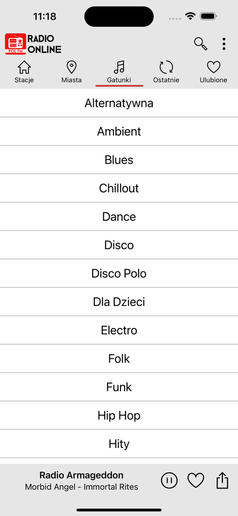Radio Internetowe - Interface da aplicação de rádio online polaca mostrando a lista de géneros musicais, incluindo Disco Polo