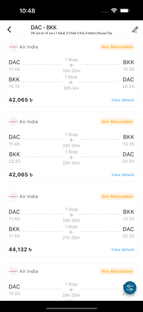 Sasta Ticket - Sasta Ticket app screenshot showing flight search results for Air India from Dhaka to Bangkok with prices and times.