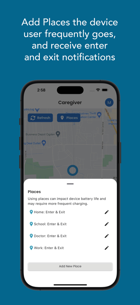 Caregiver Mobile - Caregiver Mobile app interface showing the Places feature for setting up location enter and exit notifications