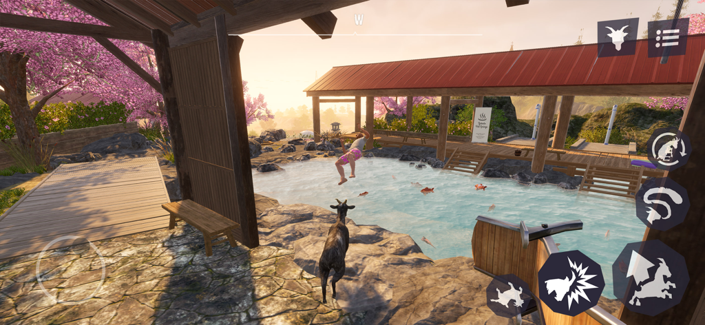 Goat Simulator 3 - A goat watching a person jump into a hot spring pool surrounded by cherry blossom trees.