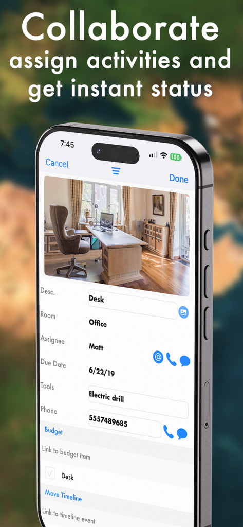 Pro Moving Planner - Pro Moving Planner app screen showing task assignment for furniture assembly with assignee and photo