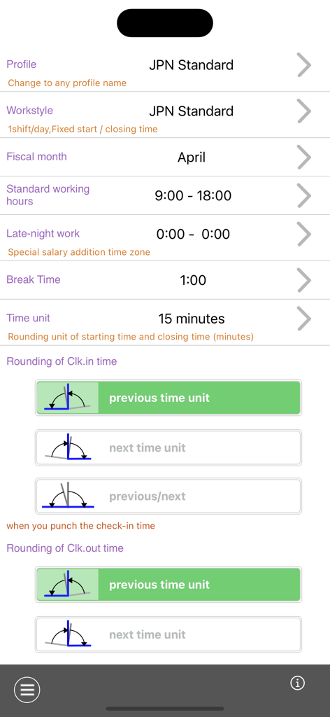 Work Log -Time sheet- - Work Logアプリのプロファイル設定画面。勤務時間と打刻の丸めルールの設定が表示されています。