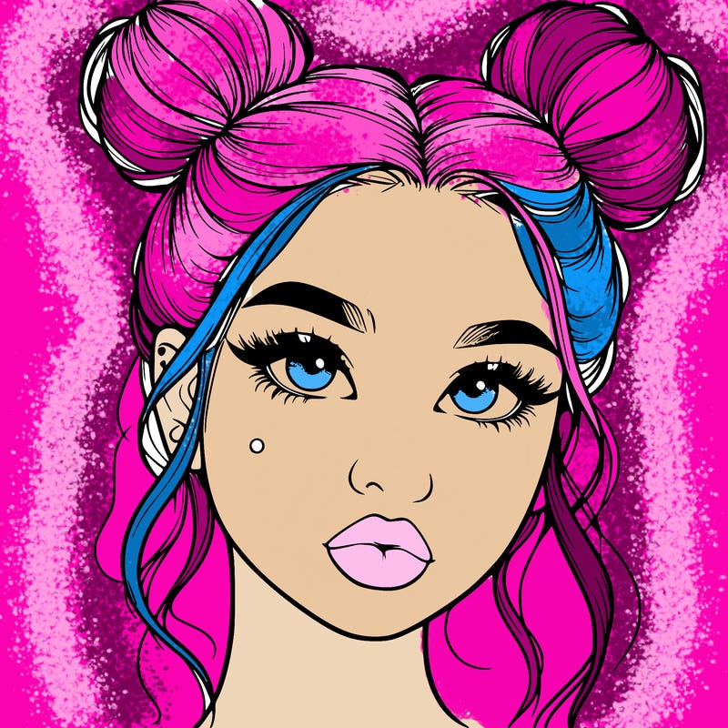 realistic girl with two buns on her hair and lips