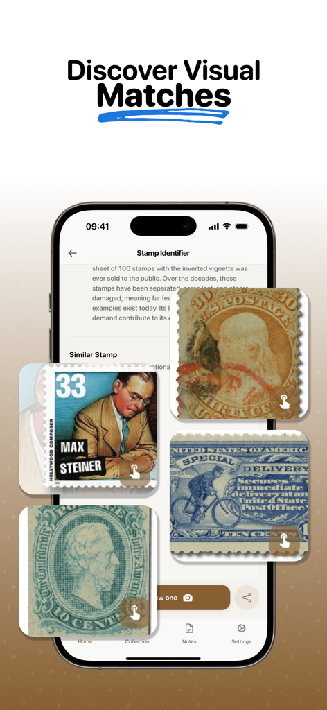 Stamp Identifier - Scan Value - Écran de smartphone affichant des correspondances visuelles pour les timbres scannés
