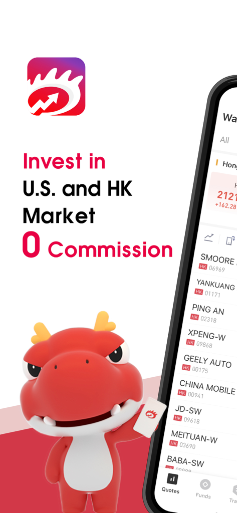 VBrokers-Trade Stock & Option - VBrokers mobile app screen showing zero commission trading for US and Hong Kong stock markets with a red dragon mascot.
