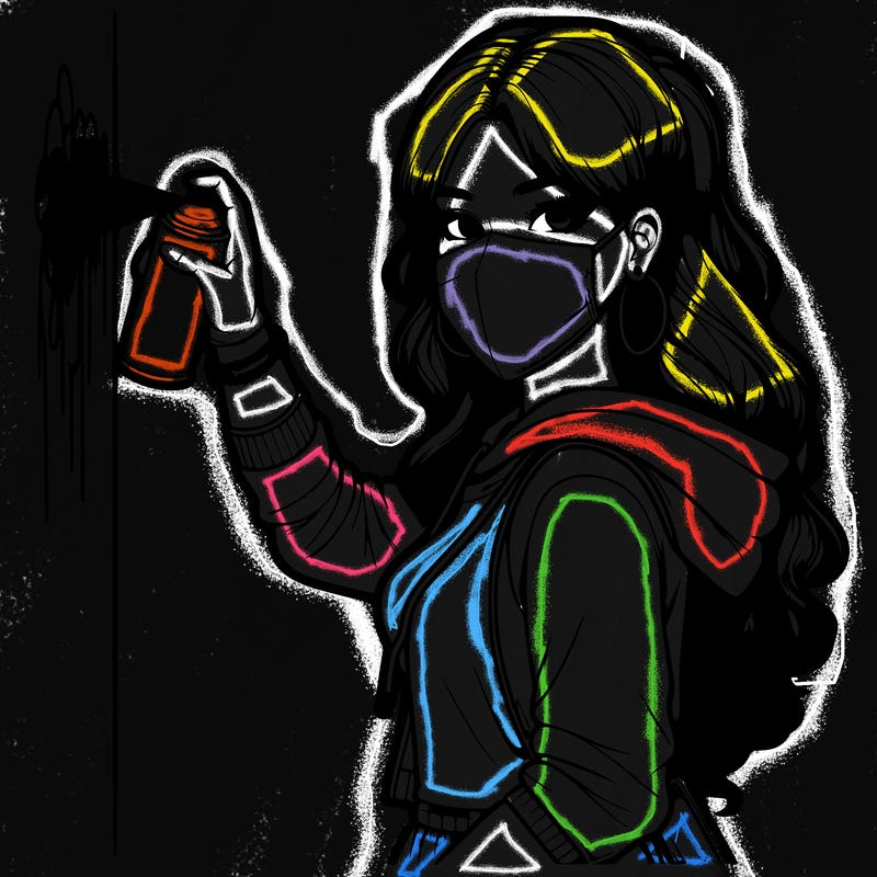 realistic girl with mask spray painting a wall