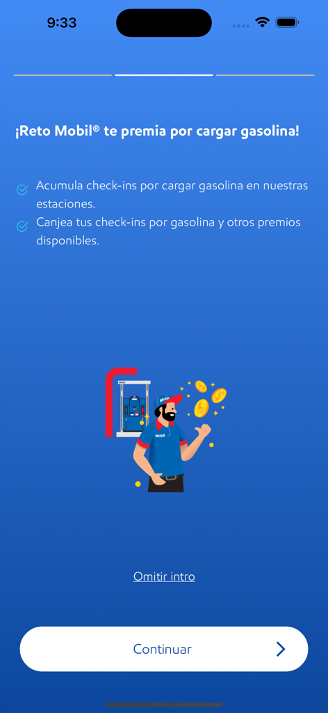 Schermata introduttiva dell'App Mobil che spiega il programma premi Reto Mobil per il rifornimento alle stazioni di servizio.