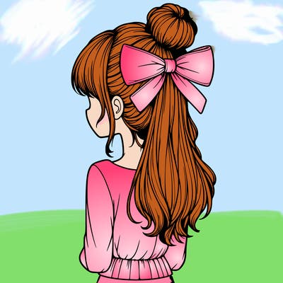 realistic girl  with hip length hair a bun and a big bow on the back of head