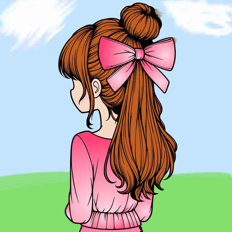 realistic girl  with hip length hair a bun and a big bow on the back of head
