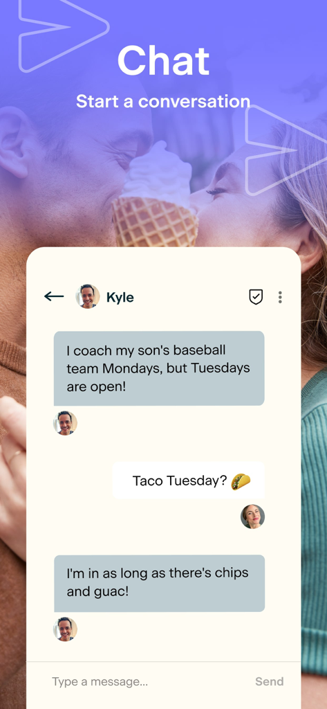 Stir: Single Parent Dating App - Chat interface in the Stir app showing two single parents coordinating a date around their kids baseball schedules