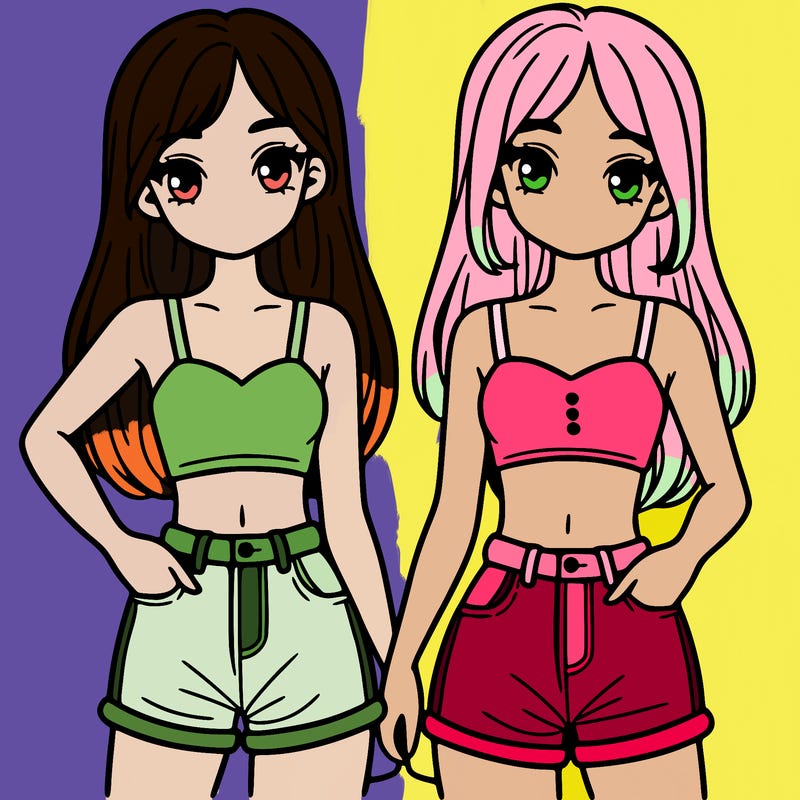 two sisters with crop tops and jean shorts and straight hair