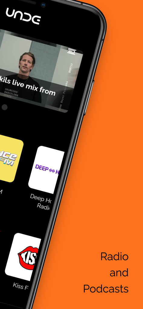 Smartphone screen displaying the unde app with various radio stations and a live music mix.