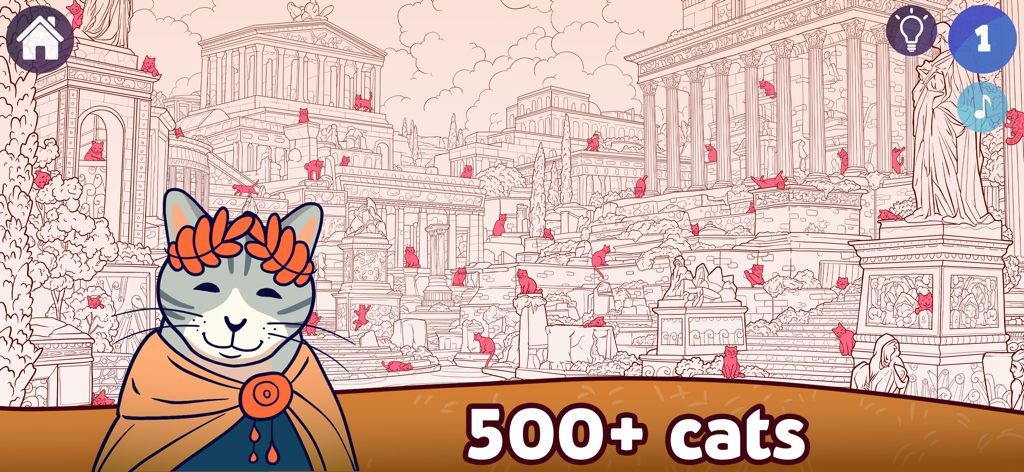 Hidden Cat 2: find the object - Um nível de objeto escondido desenhado à mão ambientado na Grécia Antiga com muitos gatos cor-de-rosa escondidos e um gato usando uma coroa de louros