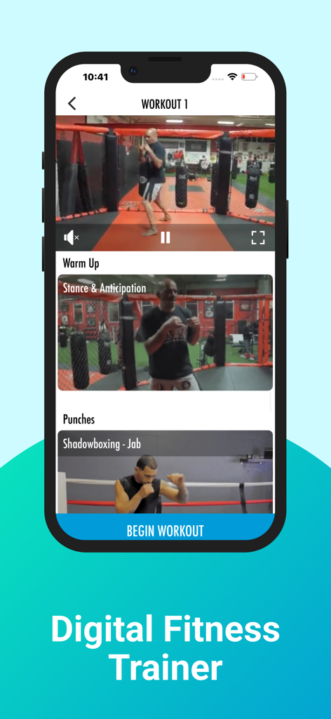 Interface d'une application MMA (arts martiaux mixtes) présentant un entraîneur de fitness numérique avec des vidéos d'entraînement pour les postures et les coups de poing.