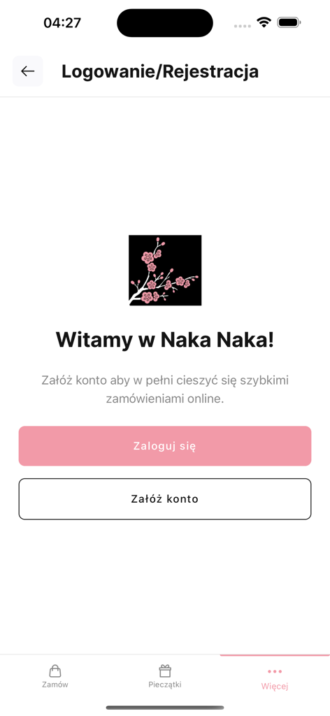 Sushi Naka Naka - Login and registration screen of the Sushi Naka Naka mobile app