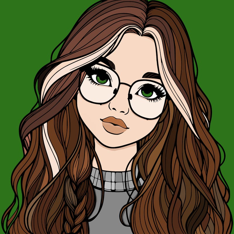 girl with long hair and freckles and glasses realistic