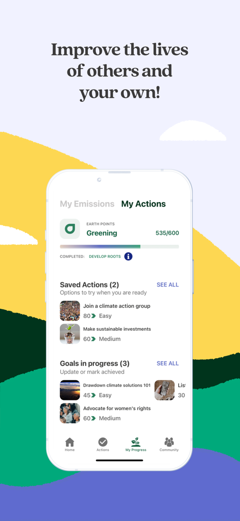 Earth Hero: Climate Change - Earth Hero app interface showing personalized climate actions and green goal progress