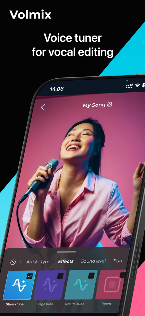 Volmix | Music Maker & Beats - Interfaz de la app Volmix que muestra efectos de afinador de voz de estudio para edición vocal